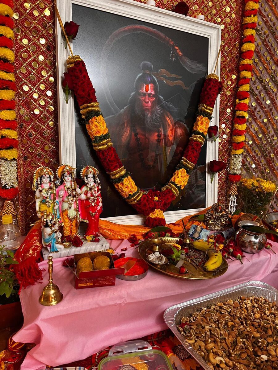 JSRCC Sundarkand Paath altar with Shri Ram Darbar and Hanuman Ji